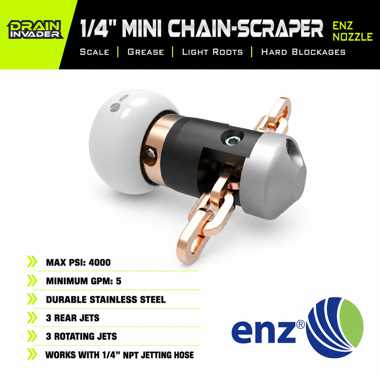 ENZ® Mini Chain-Scraper Nozzle, 1/4"