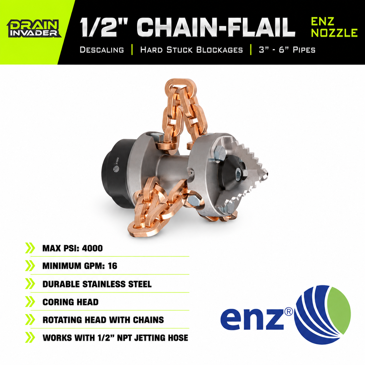 ENZ® Chain-Flail Nozzle with Coring-Head, 1/2"