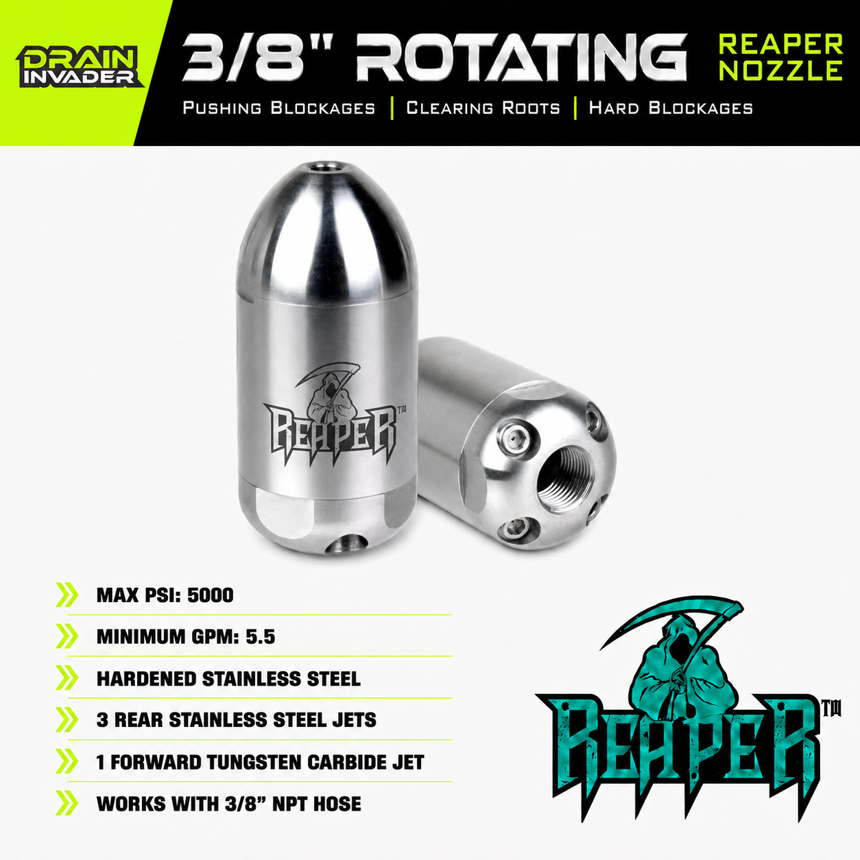 The Reaper Rotating Jetting Nozzle 3/8"