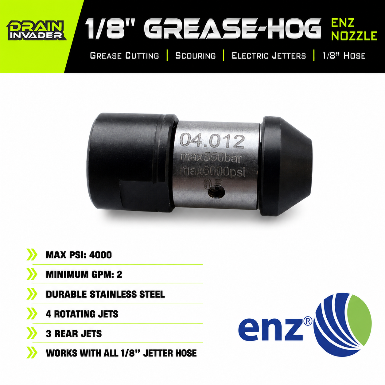 1/8" Grease-Hog Nozzle for Electric Jetters