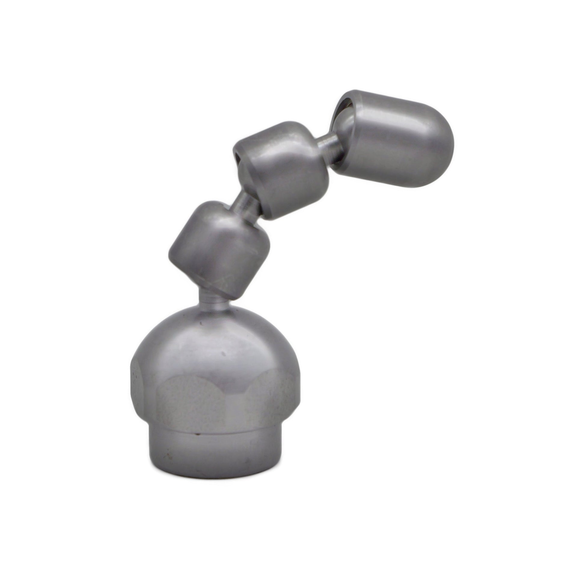 A stainless steel 1/4" Drophead Nozzle with a Knuckle Leader for plumbing.