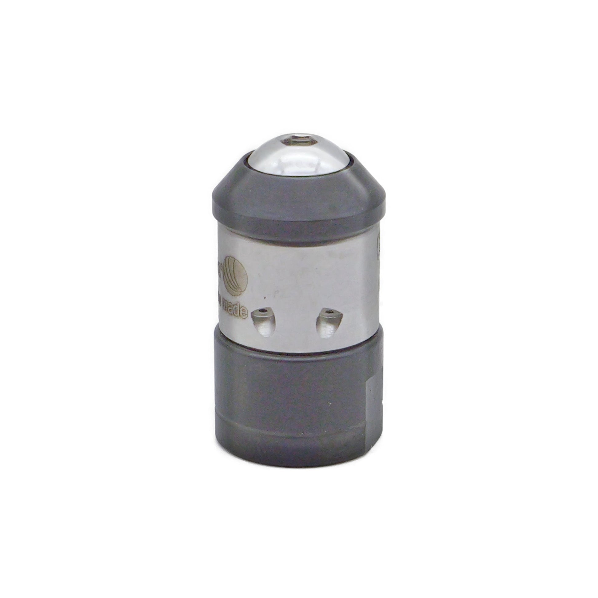 A stainless steel 1/4" Grease Hog nozzle with four rotating jets for pipes.