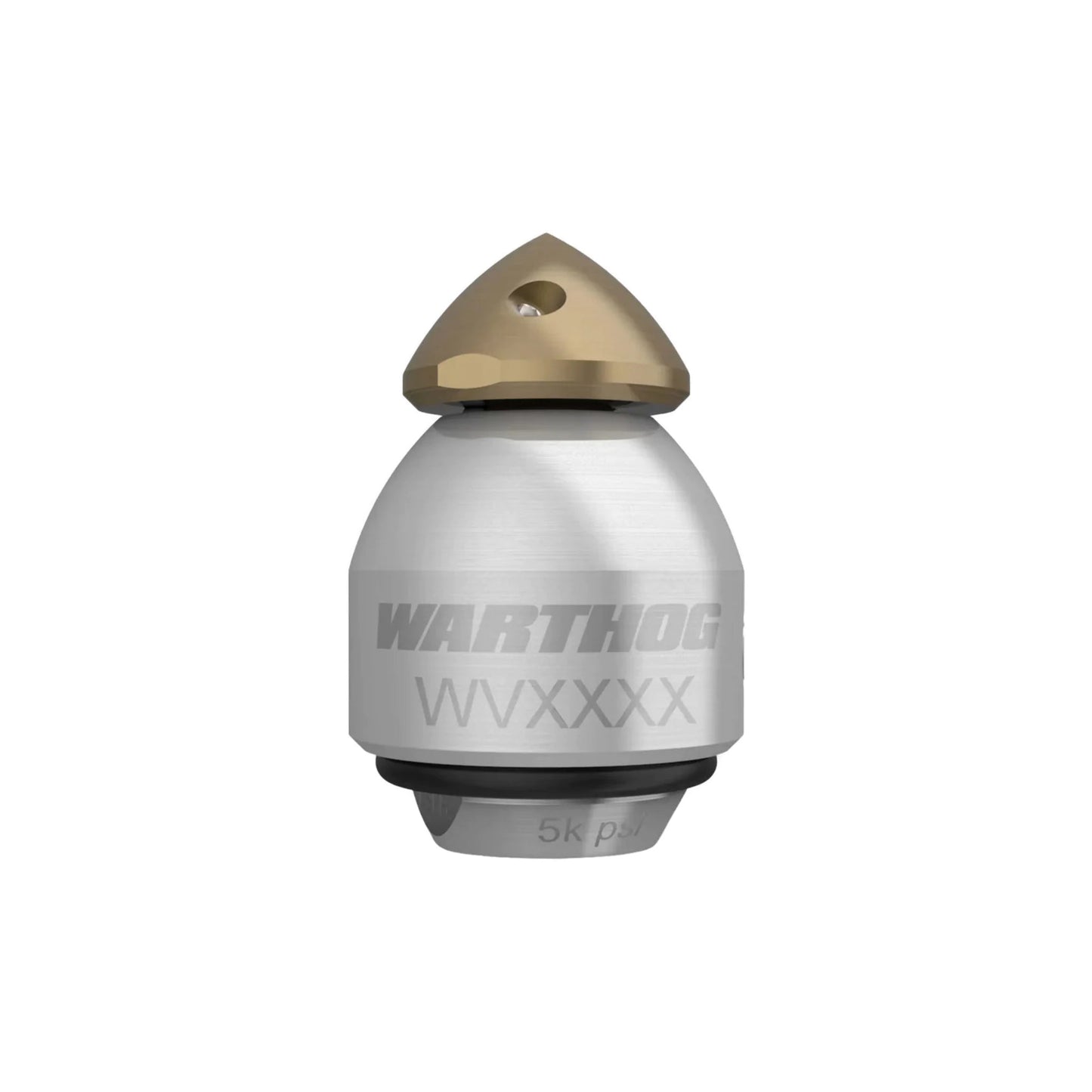 A silver-colored 1/4" WV Warthog nozzle with a gold-colored tip, designed for use in plumbing jetting applications.