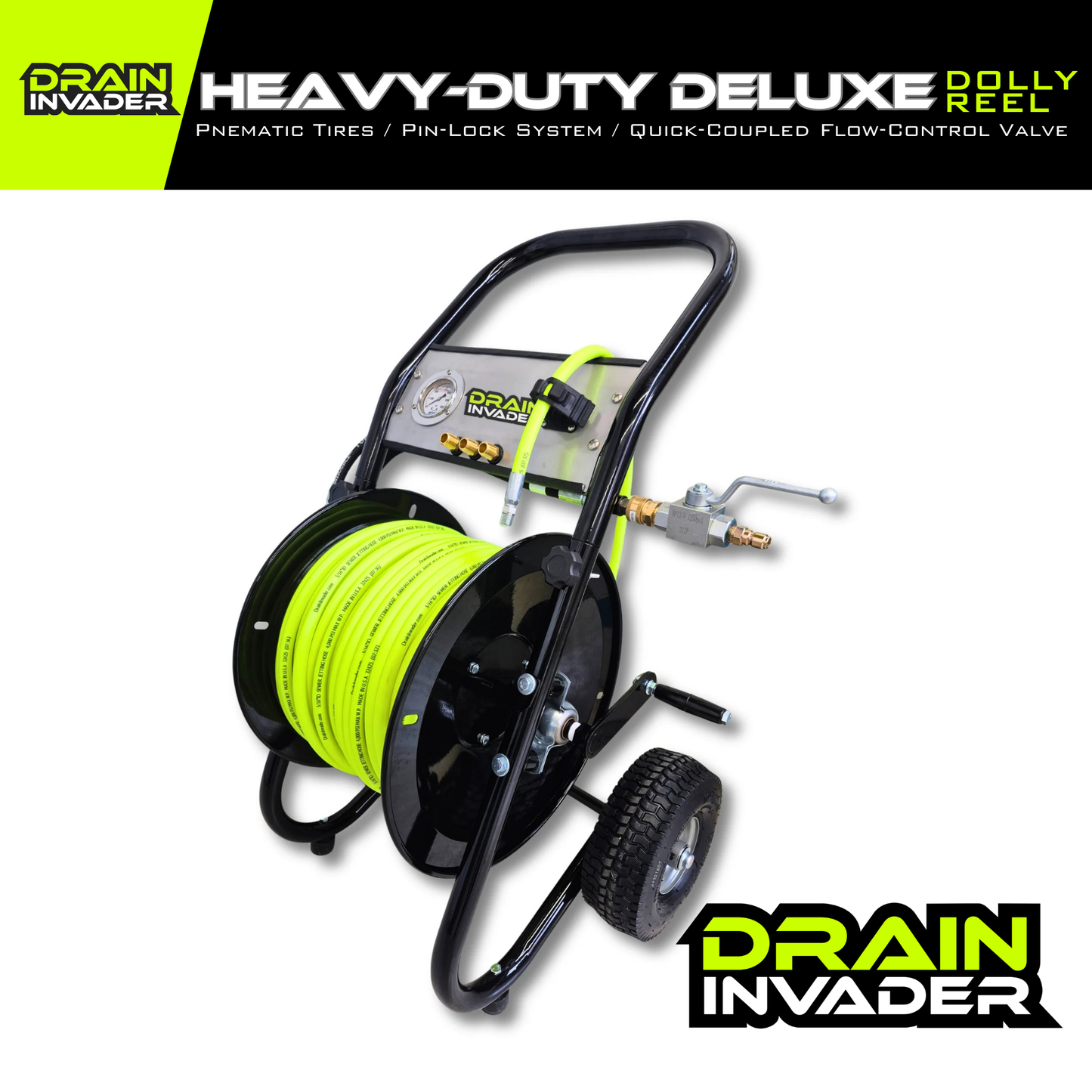 Portable Heavy Duty Deluxe Folly-Mounted Hose Reel with Jetting Hose