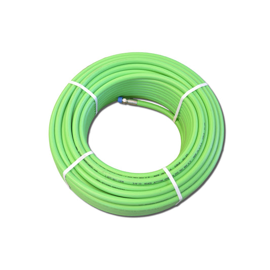 A green Cobra premium jetting hose with male-threaded ends, bundled and tied with white bands.
