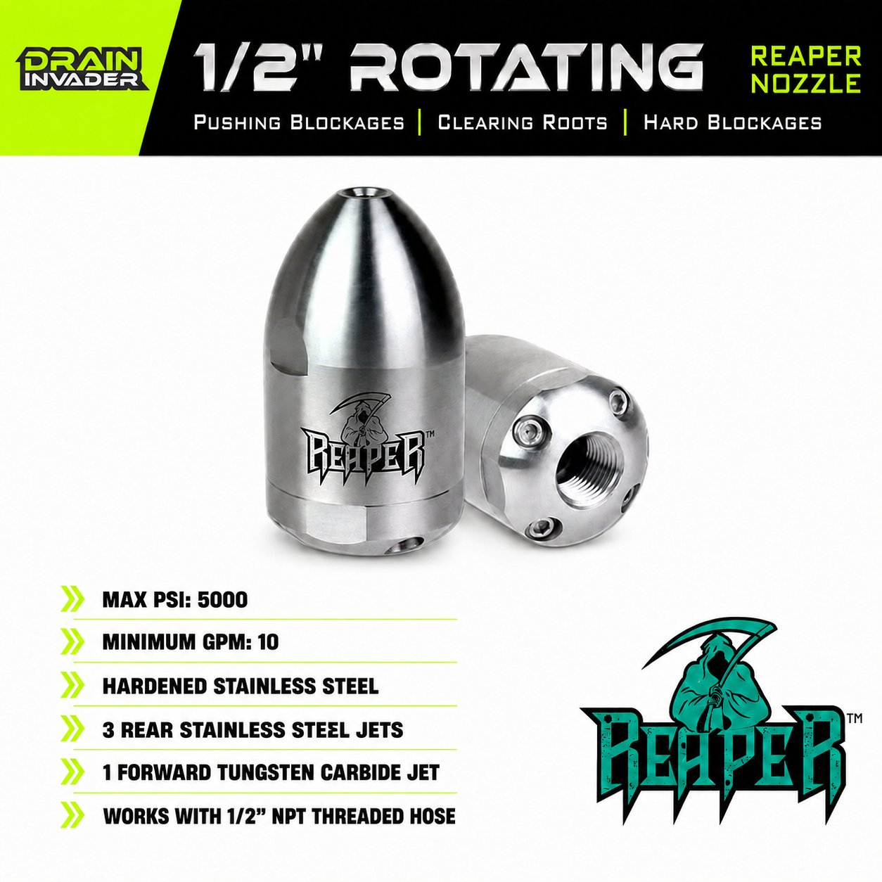 The Reaper Rotating Jetting Nozzle 1/2"