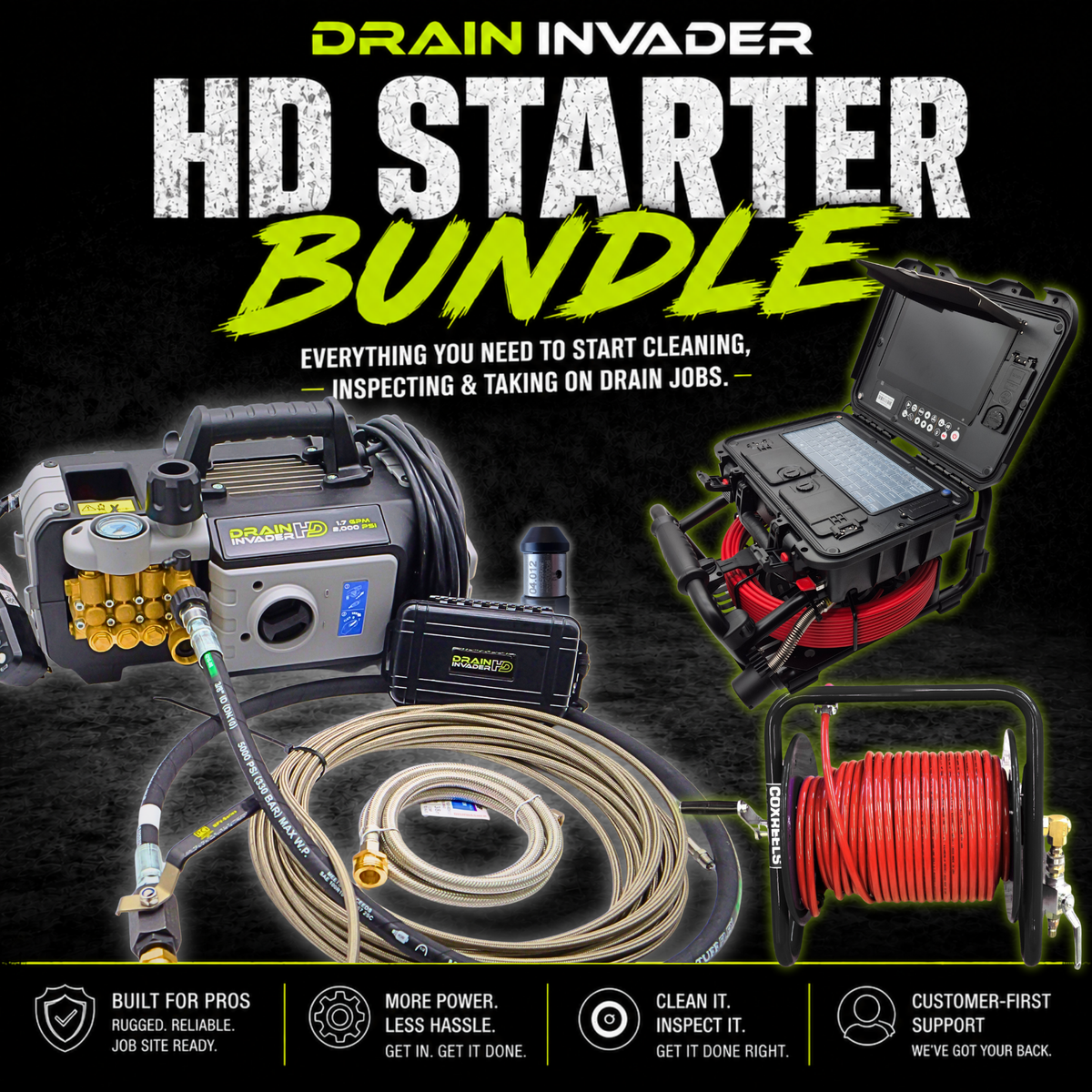 Drain Invader HD Bundle (Drain Invader HD, Drain Inspector, 1/8" Grease Hog Nozzle, Hand-Carry Hose Reel w/ 50' - 100' Stainless Steel Hose)