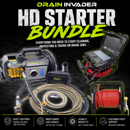 Drain Invader HD Bundle (Drain Invader HD, Drain Inspector, 1/8" Grease Hog Nozzle, Hand-Carry Hose Reel w/ 50' - 100' Stainless Steel Hose)