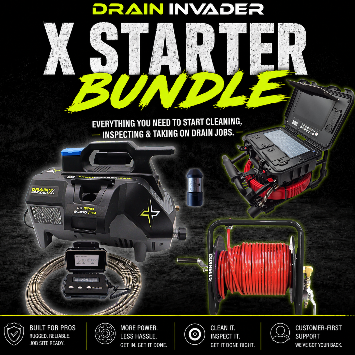 Drain Invader X Bundle (Drain Invader X, Drain Inspector, 1/8" Grease Hog Nozzle, Hand-Carry Hose Reel w/ 50'-100' SS Hose))