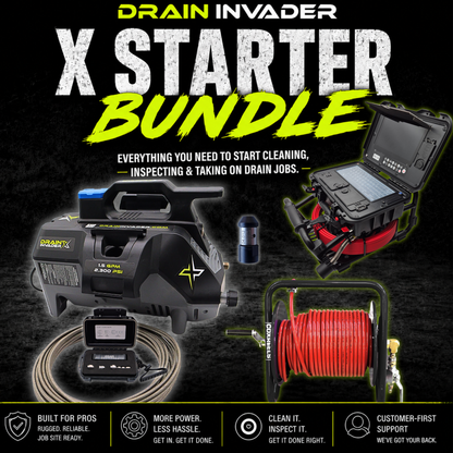 Drain Invader X Bundle (Drain Invader X, Drain Inspector, 1/8" Grease Hog Nozzle, Hand-Carry Hose Reel w/ 50'-100' SS Hose))