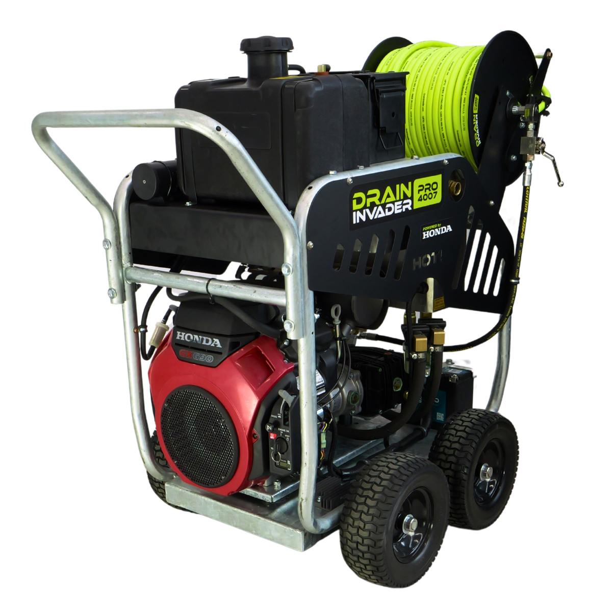 Front corner view of the Drain Invader PRO Hydro Jetter Cart with Wheels