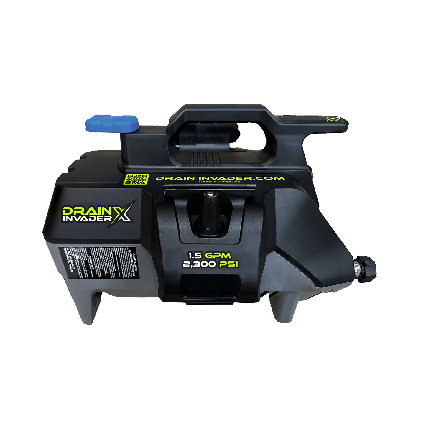 Hand carry electric sewer jetter with a black plastic body, featuring a stainless steel jetting hose attachment, wheels for mobility, and branding labels including 'Drain Invader'.