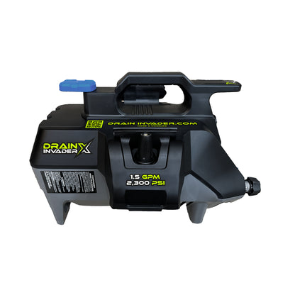 Hand carry electric sewer jetter with a black plastic body, featuring a stainless steel jetting hose attachment, wheels for mobility, and branding labels including 'Drain Invader'.