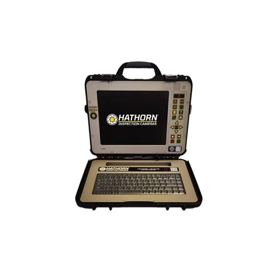 Hathorn H7+ monitor and reels for sewer inspection, featuring a bright daylight readable 12-inch LCD screen, housed in a black carrying case.