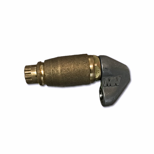 A bronze-colored Root Ranger Nozzle designed for drain cleaning, made of stainless steel with an offset rotating rear jet.