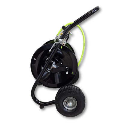 Side View of Drain Invader Heavy Duty Deluxe Folly-Mounted Hose Reel with Neon Green Jetting Hose