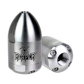 A silver-colored rotating jetting nozzle with the brand 'Reaper' written on it, designed for use in plumbing applications.