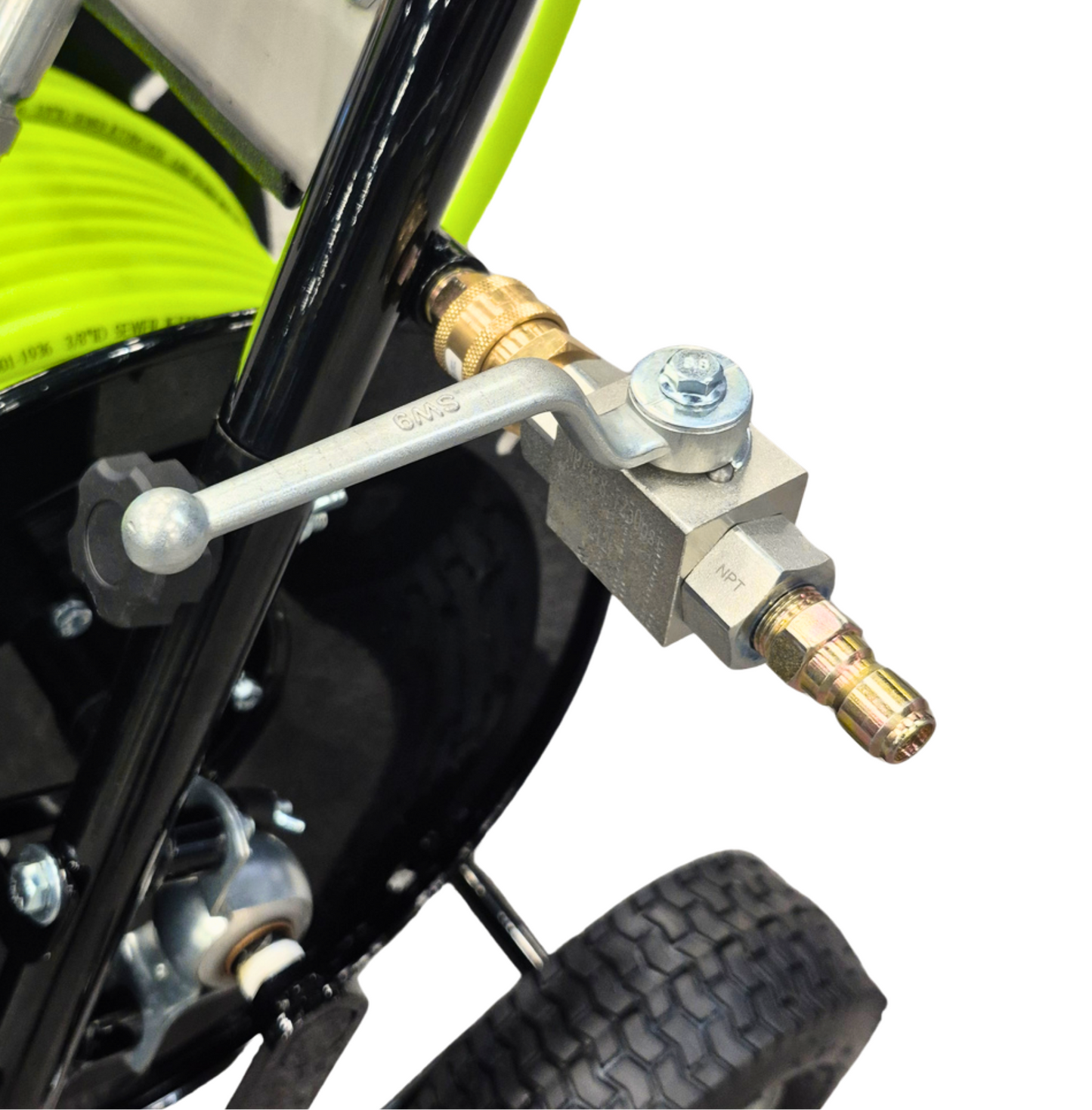 Valve on Drain Invader Heavy Duty Deluxe Folly-Mounted Hose Reel with Neon Green Jetting Hose